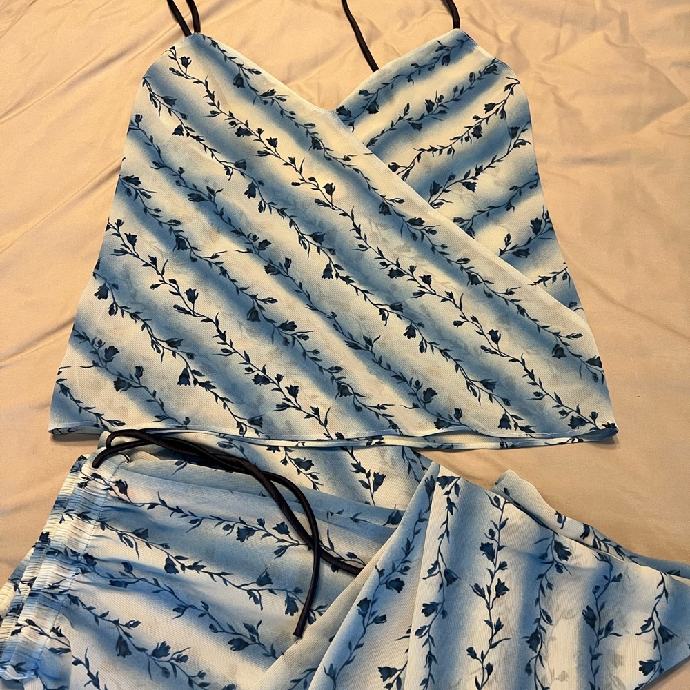 Josie Blue and White Floral Striped Camisole Set